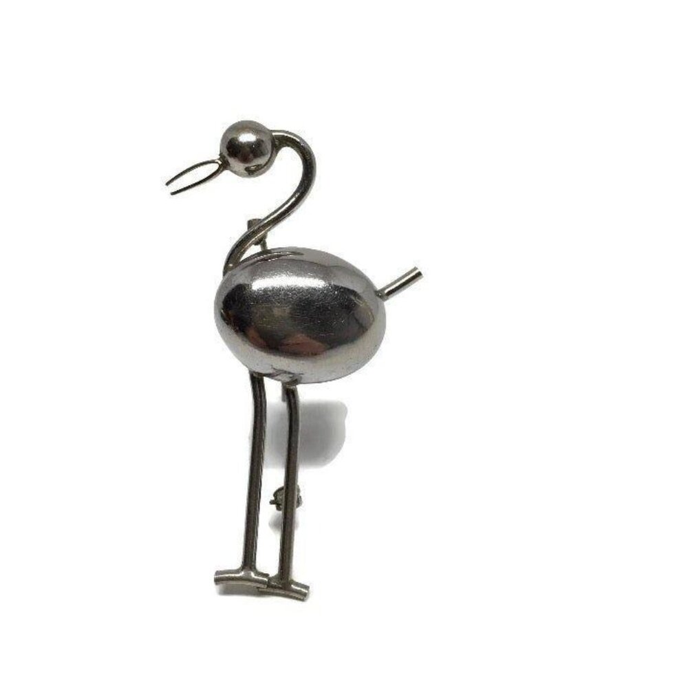 Whimsical Large Silver Tone Flamingo Brooch
